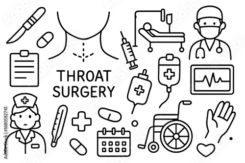Throat Surgery Doodle Icons. Hand-drawn doodle illustration throat surgery scalpel, throat, hospital bed, doctor, syringe,