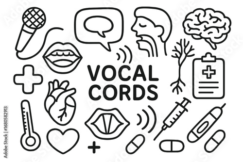 Vocal Anatomy Doodles. Hand-drawn doodle illustration vocal cords voice vocal cords, microphone, sound waves, speech bubble,