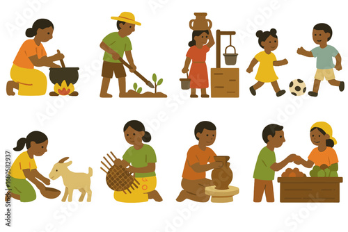Village Daily Activities. Flat vector mini-illustrations village daily life in colors children's illustrations: cooking, farming,