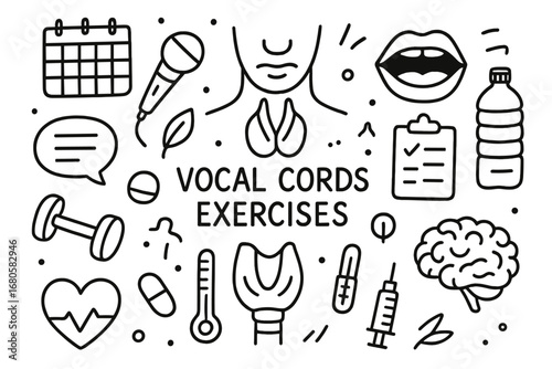 Vocal Health Icons. Hand-drawn doodle illustration vocal cords exercises vocal cords, throat, mouth, microphone, dumbbell, water