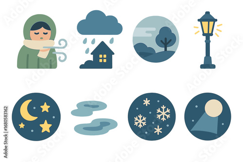Weather Icons at Night. Flat vector mini-illustrations homelessness night and weather in colors children's illustrations: cold