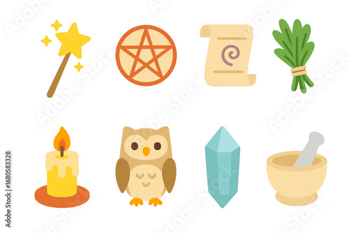 Witchcraft Tools Icons. Flat vector mini-illustrations witchcraft tools in colors children's illustrations: wand, pentagram, herbs