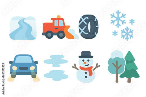 Winter Road Adventure. Flat vector mini-illustrations winter road in colors children's illustrations: snow-covered road, snow plow