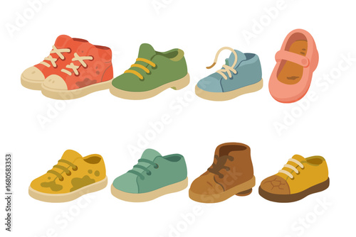 Worn Children's Sneakers. Flat vector mini-illustrations shoe wear in colors children's illustrations: scuffed sneakers, worn heel