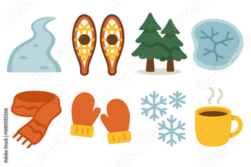 Winter Trail Icons. Flat vector mini-illustrations winter trail in colors children's illustrations: snow-covered path, snowshoes,