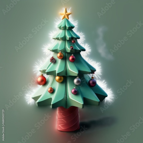A stylized, teal Christmas tree, adorned with colorful ornaments, stands out against a muted backdrop.