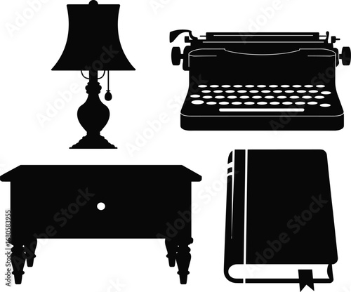 Silhouette of vintage desk lamp, classic typewriter, closed book, and wooden table – retro office, writer tools, literature theme