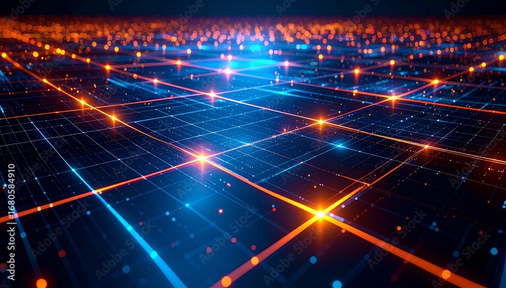 Obraz premium Dynamic glowing grids shifting in layered depth, creating immersive interactive visuals with vibrant reflections and precision,