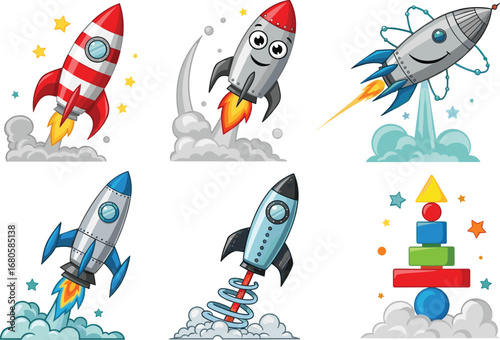 Cute cartoon rocket clipart set, colorful space shuttle illustration with stars and clouds, kids nursery design, playful space adventure graphics