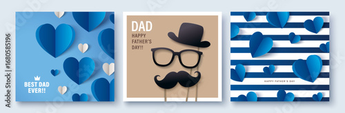 Set of 3 Father's Day greeting cards in modern paper cut style. Vector illustration for cover, poster, banner, flyer and social media.


