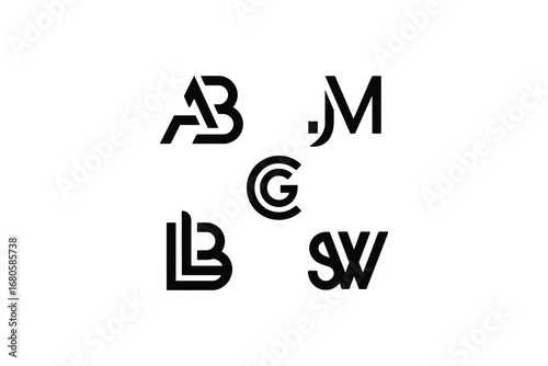 A collection of five unique initial logos displayed on a white background