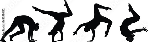 Silhouette of Woman Performing Handstand and Gymnastics Poses in Various Strength, Flexibility, and Acrobatics Positions
