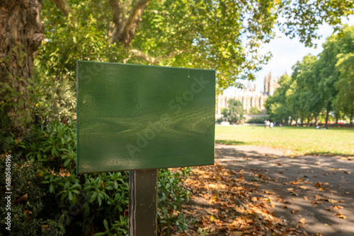 Blank green sign in autumnal park with space for copy