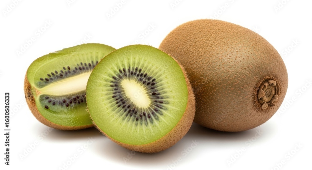 Fototapeta premium Fresh kiwi fruit, one whole and two halves, isolated on white background