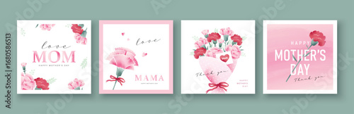 Set of Mother's day greeting cards with watercolor carnation flowers.

