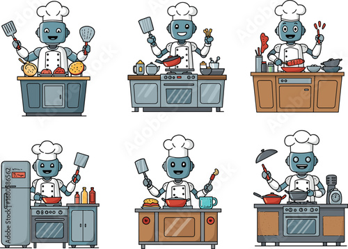 Cartoon robot chef cooking food in kitchen, futuristic AI cook illustration, cute robot character with utensils, technology restaurant clipart set
