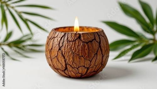 high quality product render of eco conscious candle holder, constructed with coconut husks, decorated with organic cracked surface, including crafted with traditional techniques