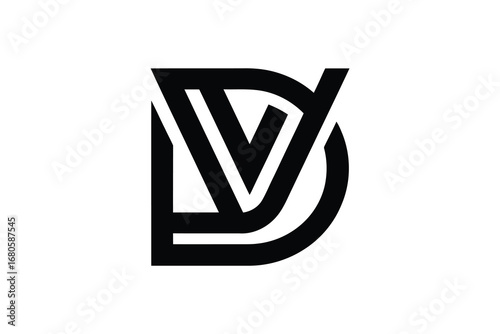 A black and white logo featuring the letters d and v in a modern design style