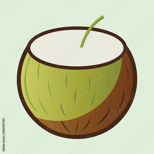 Cartoon illustration of a ripe coconut with a green stem on light green
