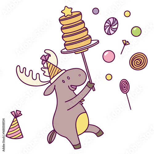 Cute SVG of a Content Moose in Candy Shop colors, featuring balancing a stack of pancakes in a Birthday setting