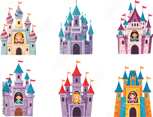 Fairy tale castle illustration set with princess characters, magical fantasy palace design, cartoon style, cute colorful fortress for kids