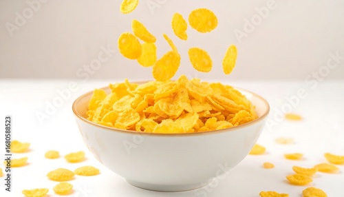 A bowl of golden corn flakes, some pieces are in mid-air, are shown in a bright, simple setting.