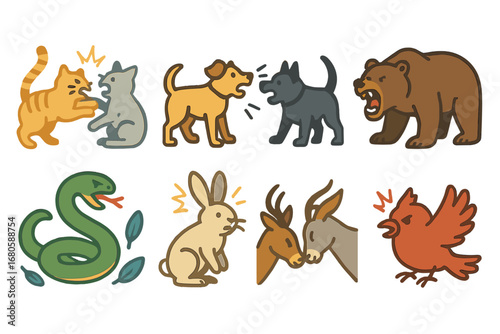 Animal Conflict Icons. Flat vector mini-illustrations animal conflict in colors children's illustrations: fighting cats, barking