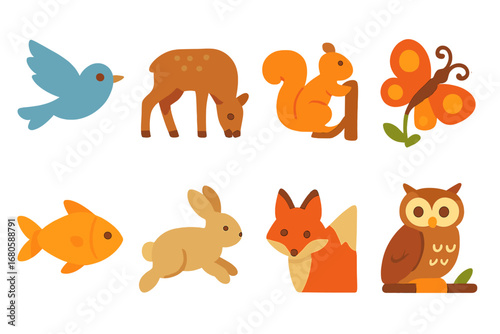 Animal Icons Grid. Flat vector mini-illustrations views with animals in colors children's illustrations: bird flying, deer grazing