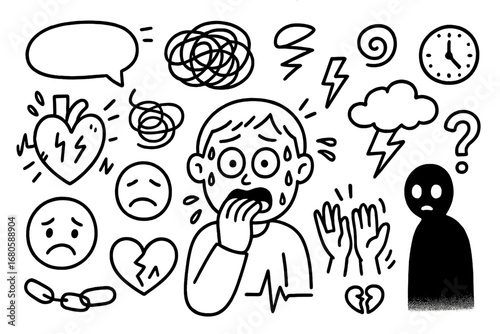 Anxiety Doodle Icons. Hand-drawn doodle illustration anxiety racing heart, sweating face, tangled lines, clock, storm cloud,