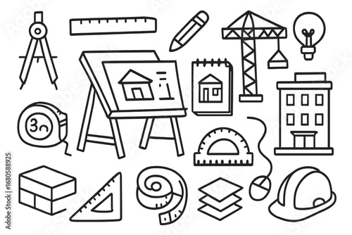 Architectural Tools Illustration. Hand-drawn doodle illustration architectural design blueprint, compass, ruler, pencil, drafting