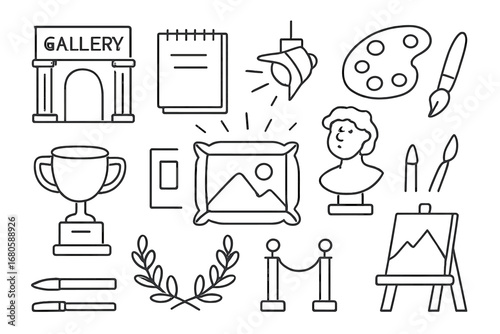 Art Icon Showcase. Hand-drawn doodle illustration masterpiece gallery museum, frame, spotlight, sculpture, paintbrush, palette,
