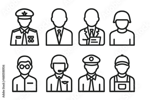 Arms Deal Icon Set. Outline icon set of arms deal personnel: military officer, diplomat, negotiator, soldier, analyst, pilot,