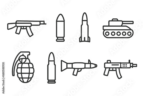 Arms Deal Icons. Outline icon set of arms deal weapons: rifle, pistol, missile, tank, grenade, bullet, rocket launcher, machine
