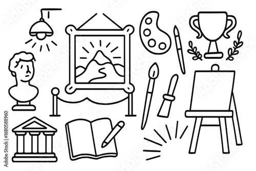 Art Icon Showcase. Hand-drawn doodle illustration masterpiece gallery museum, frame, spotlight, sculpture, paintbrush, palette,
