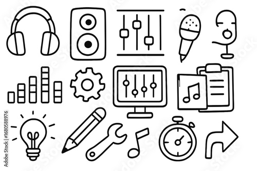 Audio Doodle Icons. Hand-drawn doodle illustration audio preset headphones, speaker, sliders, microphone, equalizer, settings icon