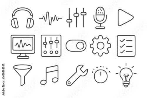 Audio Doodle Icons. Hand-drawn doodle illustration audio preset headphones, sound wave, equalizer sliders, microphone, play button