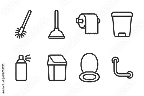 Bathroom Icon Set. Outline icon set of toilet accessories: toilet brush, plunger, toilet paper holder, waste bin, air freshener,
