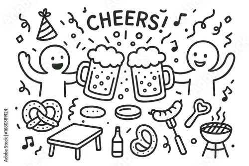 Beer Party Doodles. Hand-drawn doodle illustration cheers with beer mugs beer mug, foam, clinking glasses, bubbles, party hat,