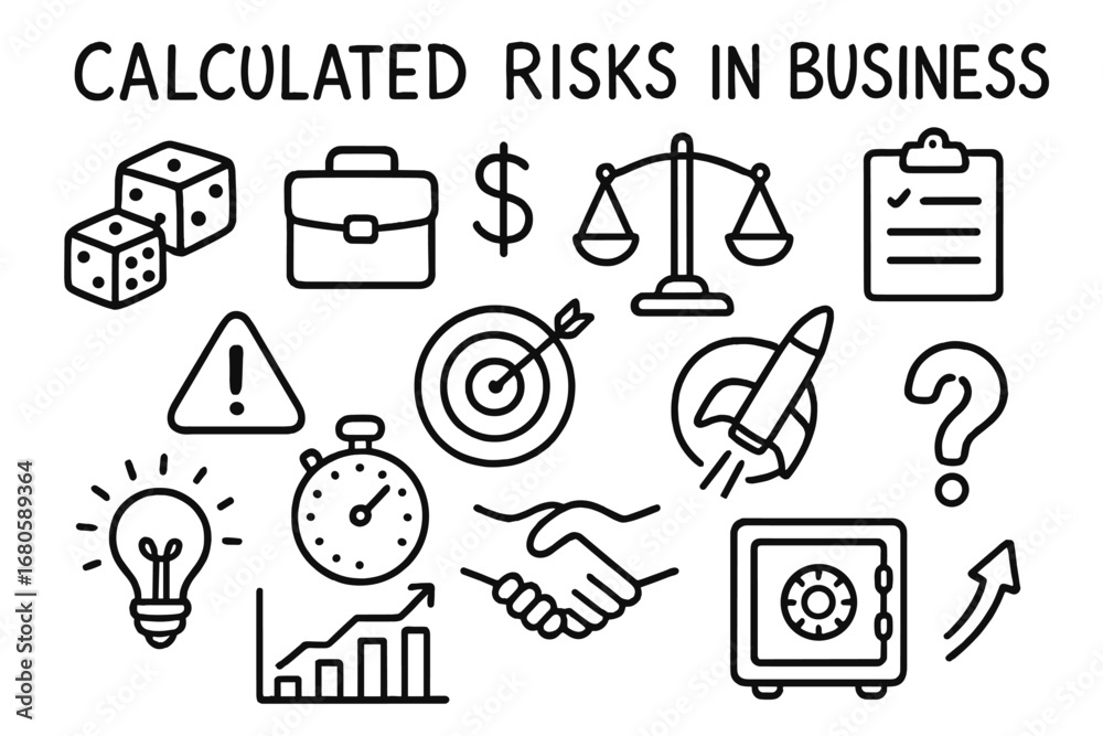 Naklejka premium Business Risk Symbols. Hand-drawn doodle illustration Calculated risks in business dice, briefcase, dollar sign, balance scale,