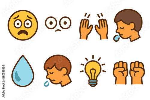 Bullying Awareness Icons. Flat vector mini-illustrations bullying emotions in colors children's illustrations: scared face,