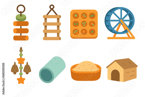Cage Enrichment Icons. Flat vector mini-illustrations cage enrichment items in colors children's illustrations: chew toys,