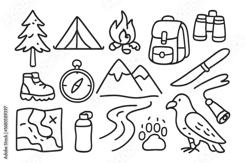 Camping Adventure Icons. Hand-drawn doodle illustration Wilderness pine tree, tent, campfire, backpack, hiking boots, compass,