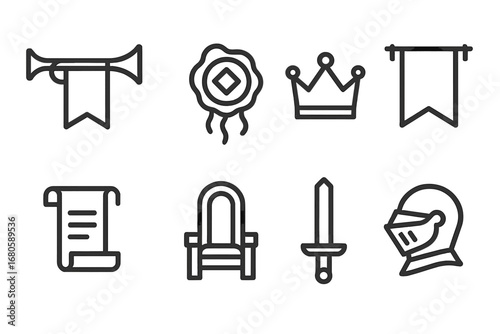 Castle Ceremony Icons. Outline icon set of castle gate ceremonies: herald trumpet, royal seal, crown, banner, scroll, throne,