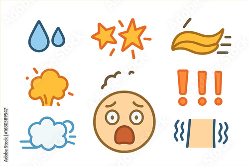 Cartoon Panic Icons. Flat vector mini-illustrations cartoon panic effects in colors children's illustrations: sweat drops, popping
