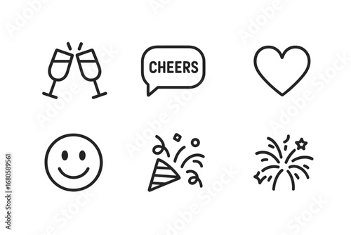 Celebration Icons Collection. Outline icon set of toast moments: clinking glasses, cheers speech bubble, heart symbol, starburst,