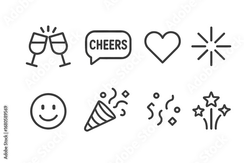 Celebration Icons Collection. Outline icon set of toast moments: clinking glasses, cheers speech bubble, heart symbol, starburst,