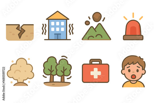 Child's Earthquake Scene. Flat vector mini-illustrations earthquake in colors children's illustrations: cracked earth, shaking