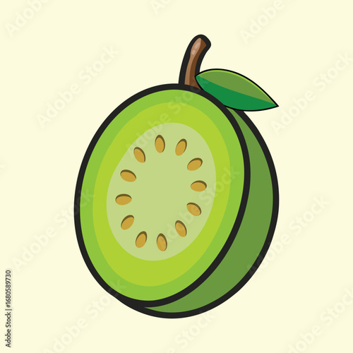 Cartoon illustration of a sliced guava fruit with seeds and leaf