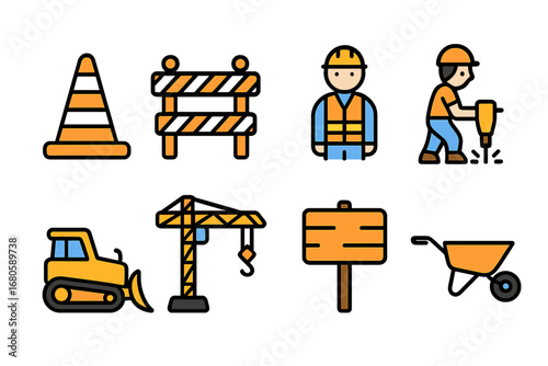 Child's Construction Site. Flat vector mini-illustrations road construction in colors children's illustrations: construction cones