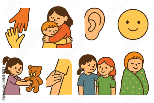 Childhood Comfort Icons. Flat vector mini-illustrations comforting helplessness in colors children's illustrations: helping hand,